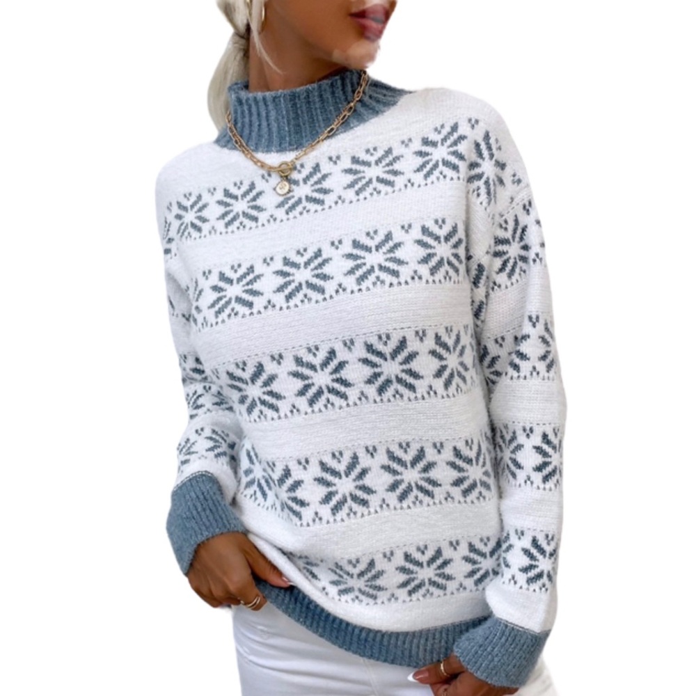 Snowflake Mock Turtleneck in White & Blue